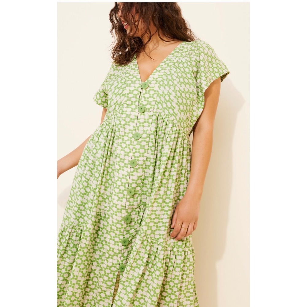 Anthropologie Green White Geometric Linen Blend Button Front Midi Dress XL